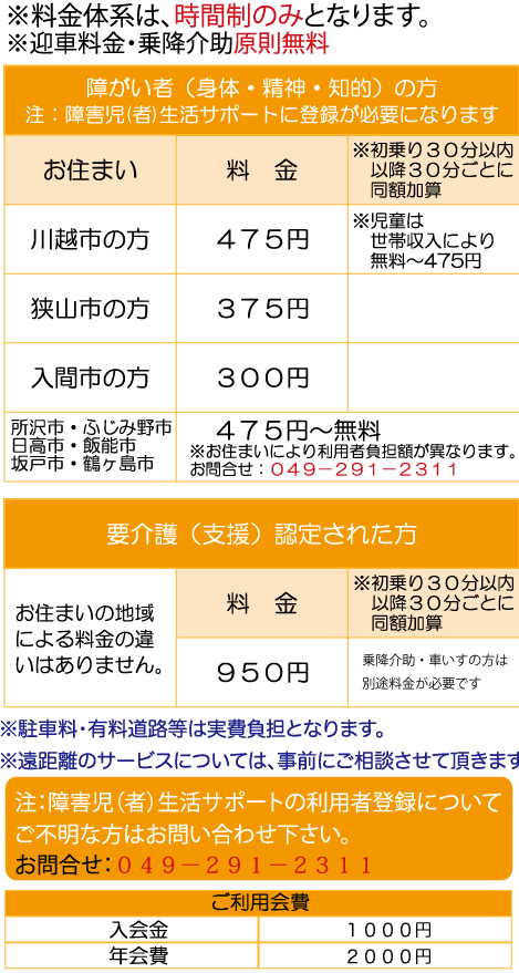 ふじみ野市、透析・通院・通所移送サービス料金　介護タクシーとは違います